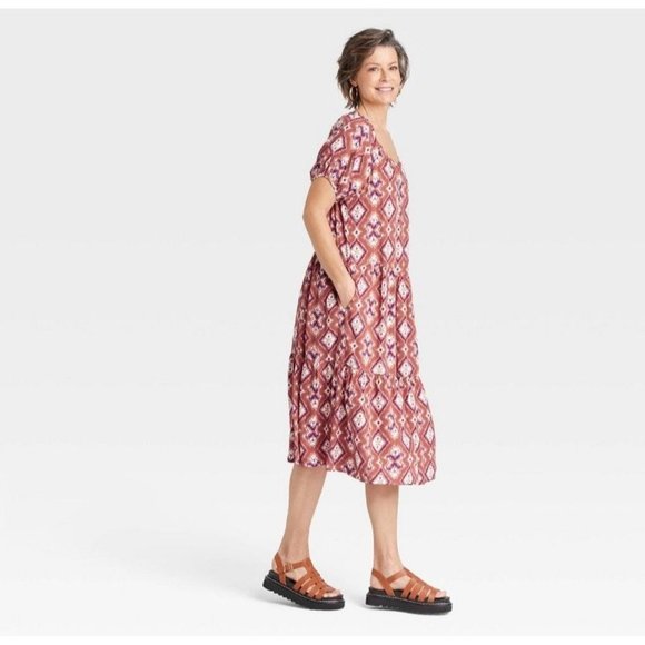 Knox Rose Women's Dress Extra Small Pink Short Sleeve Tiered Midi Ruffle Scoop N - Picture 3 of 7